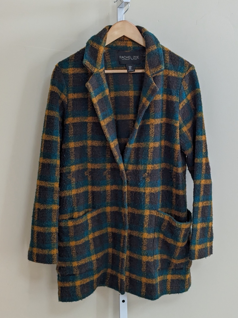 Rachel Zoe Plaid Wool Blend Coat Women’s M Teal Mustard Dark Gray